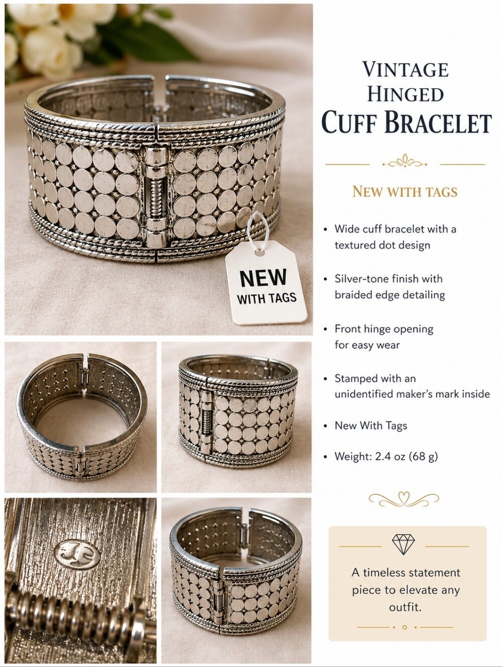 Silver-Tone Hinged Cuff Bracelet with Textured Dot Design